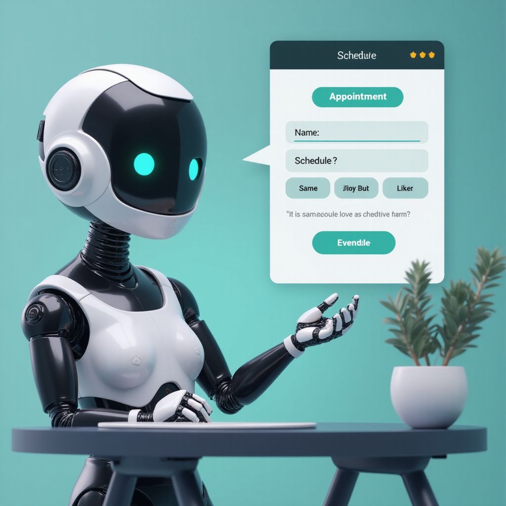 Robot scheduling an appointment on a screen. The robot has a white torso and black limbs with blue glowing eyes.