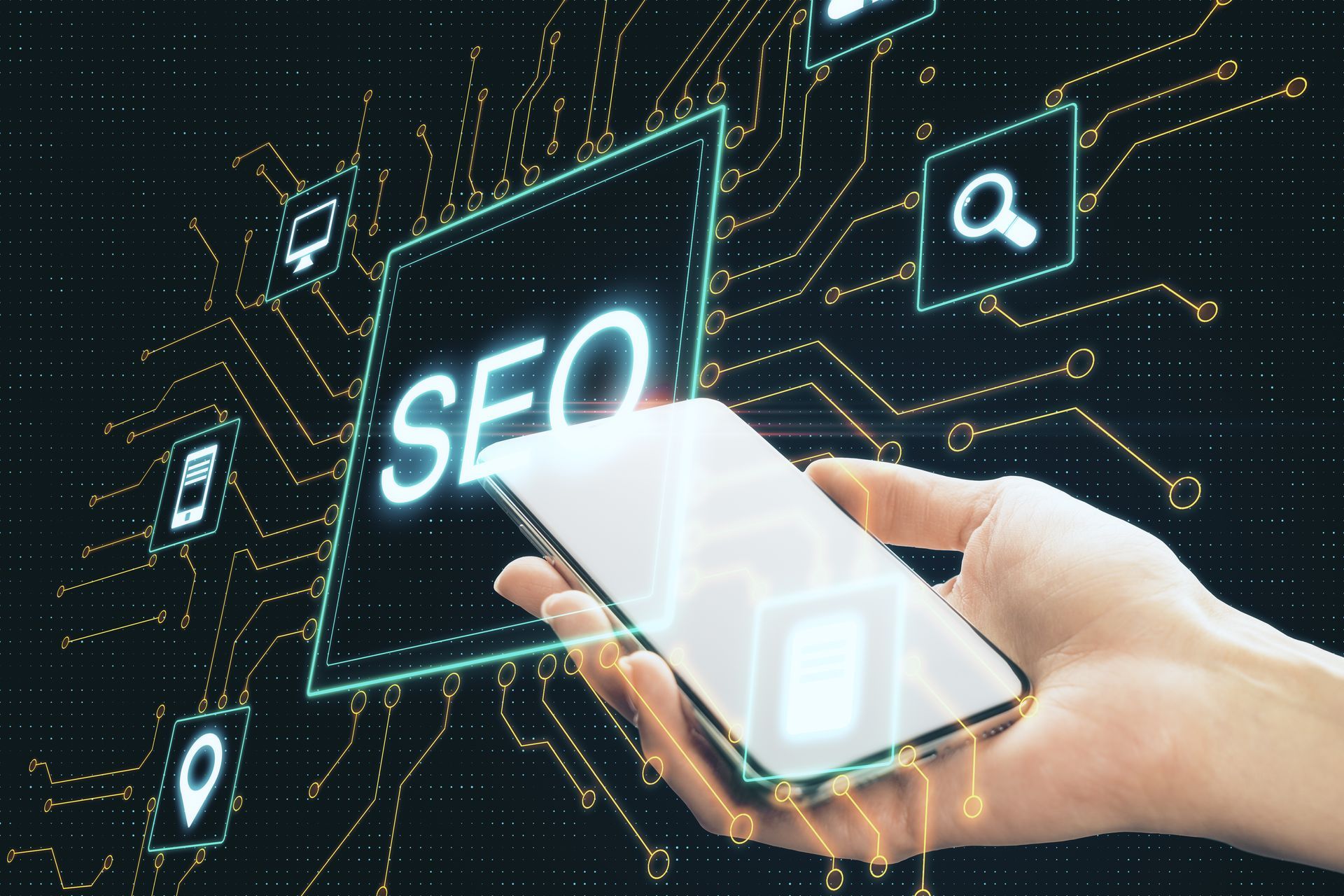 Hands holding a smartphone in front of a glowing SEO screen with digital icons and network lines