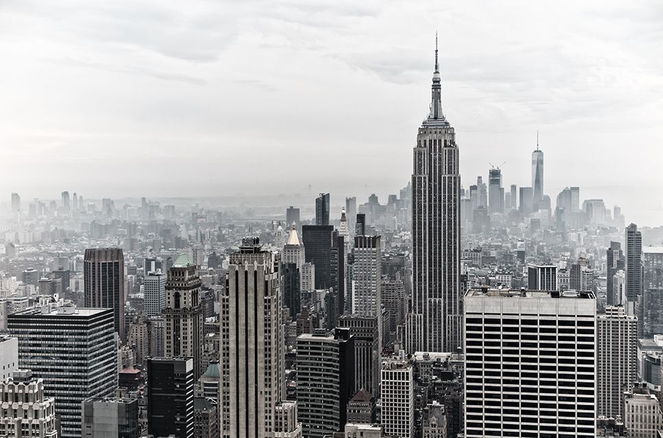 a black and white photo of a New York city skyline with the empire state building in the foreground .