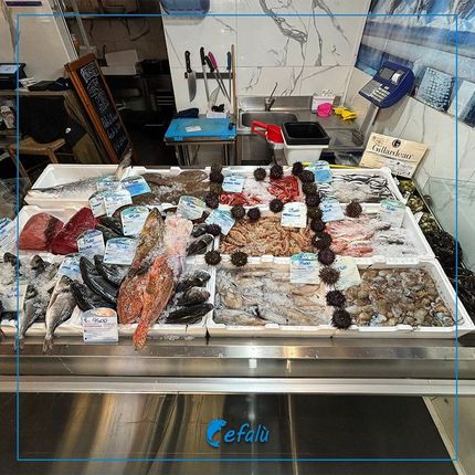 Una vetrina piena di tantissimi tipi diversi di pesce e frutti di mare.