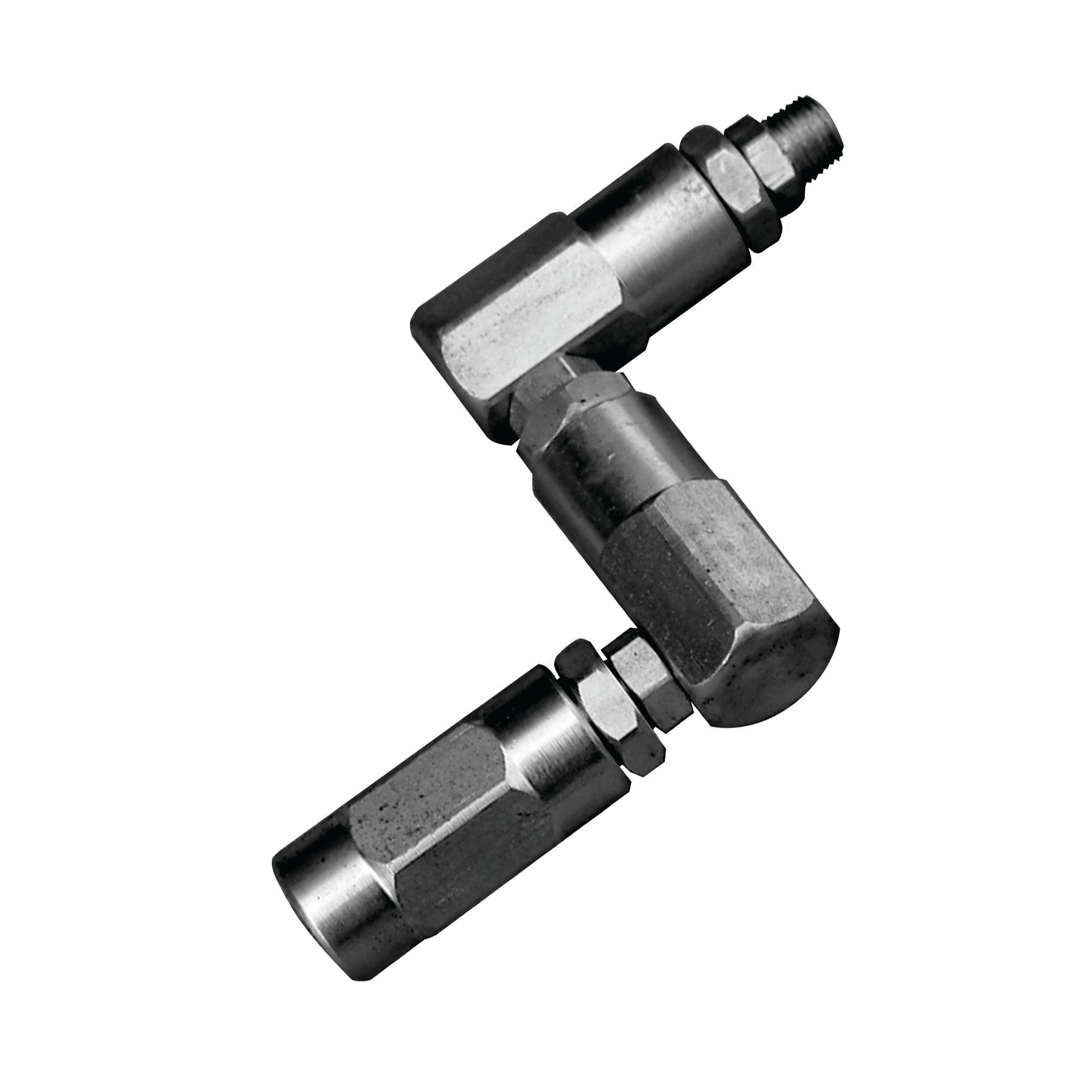 Raccord métallique articulé à trois sections, utilisé en plomberie ou en machinerie.