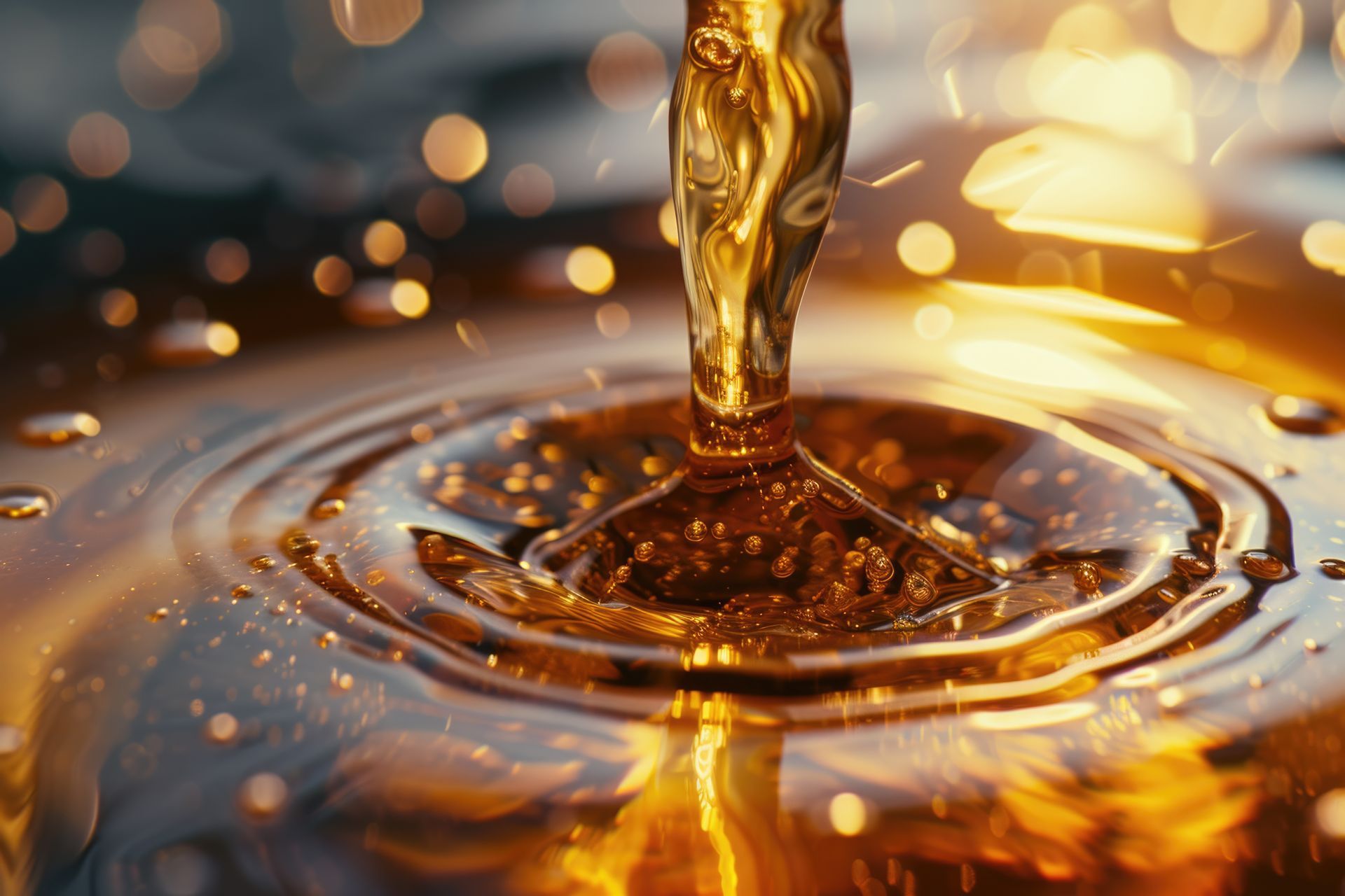 Liquide doré se déversant dans une piscine, créant des ondulations, avec un bokeh étincelant en arrière-plan.