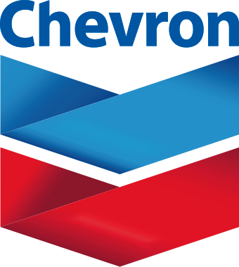 A blue and red chevron logo on a white background