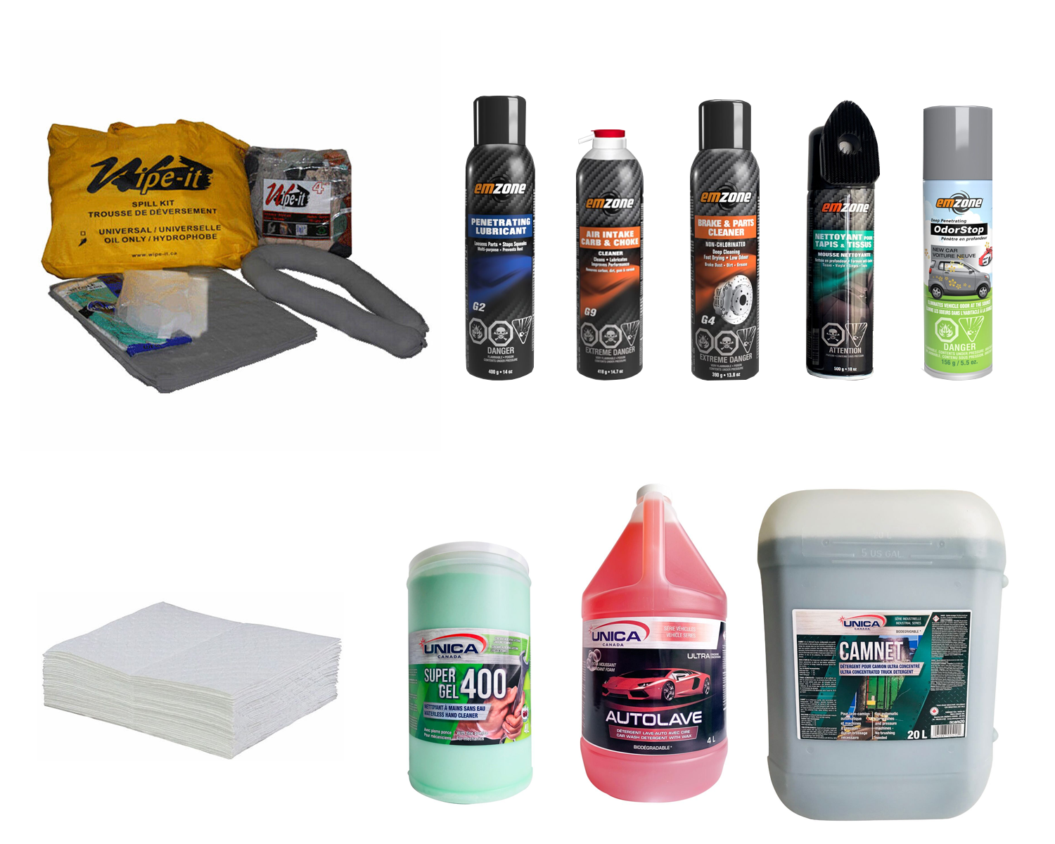 Une variété de produits de nettoyage de voiture sont affichés sur un fond blanc.