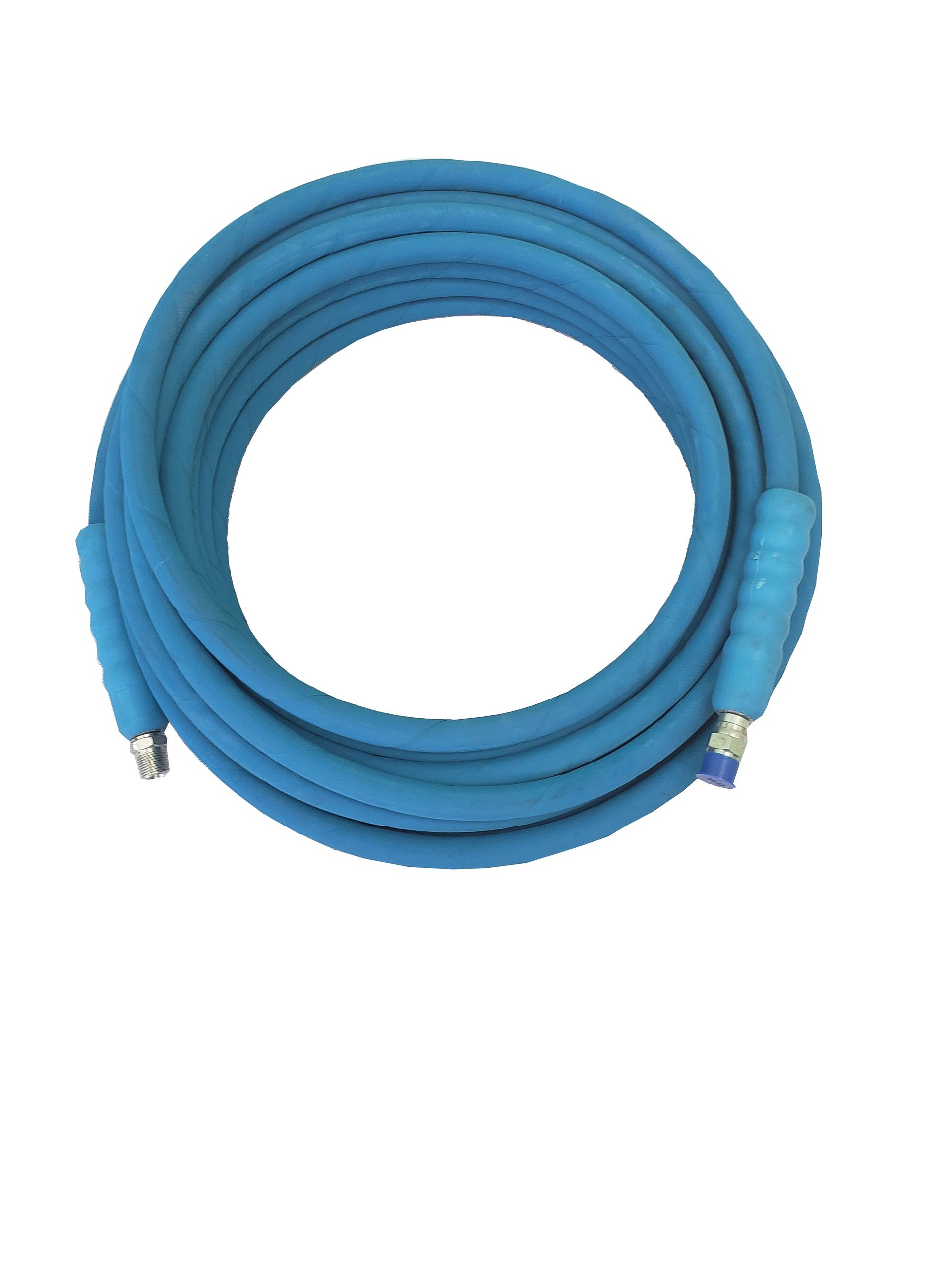 Un tuyau bleu avec deux connecteurs sur fond blanc
