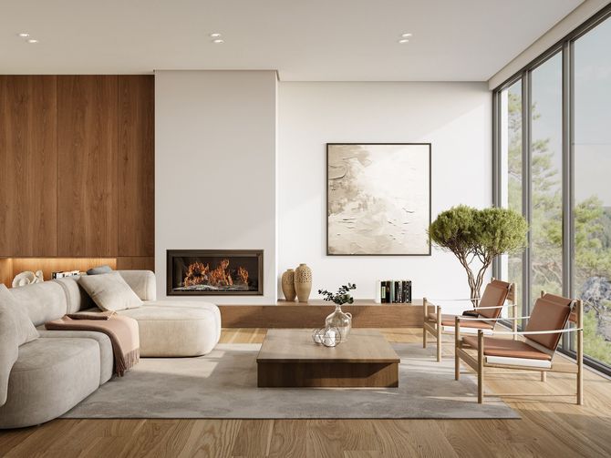 There is a fireplace in the middle of the living room.