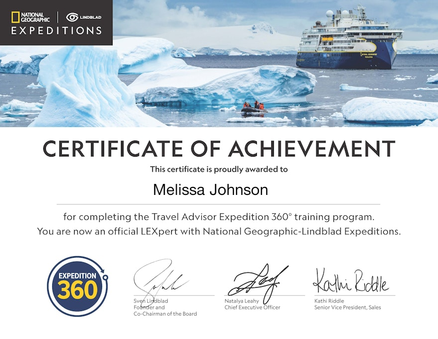 Certificate of Achievement National Geographic-Lindblad Expeditions. Melissa Johnson’s certificate for completing training.