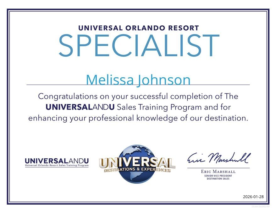 Certificate of Universal Orlando Resort Specialist for Melissa Johnson, with logos and signature.