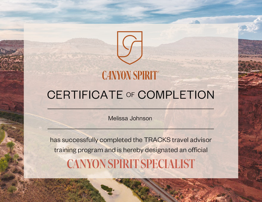 Melissa Johnson's Certificate of completion as a Canyon Spirit Specialist for the TRAKS travel advisor training program.