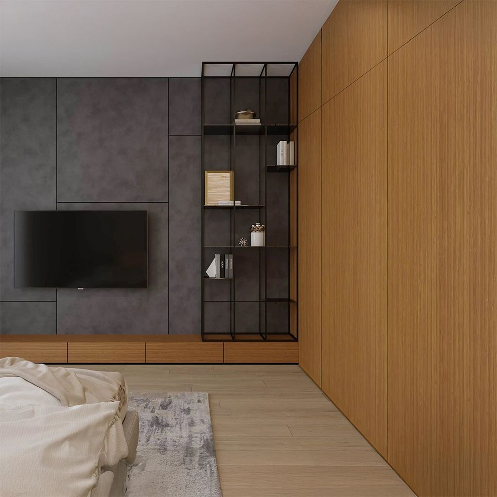 Dormitorio moderno y minimalista con paneles de madera, televisor montado en la pared y una estantería alta negra