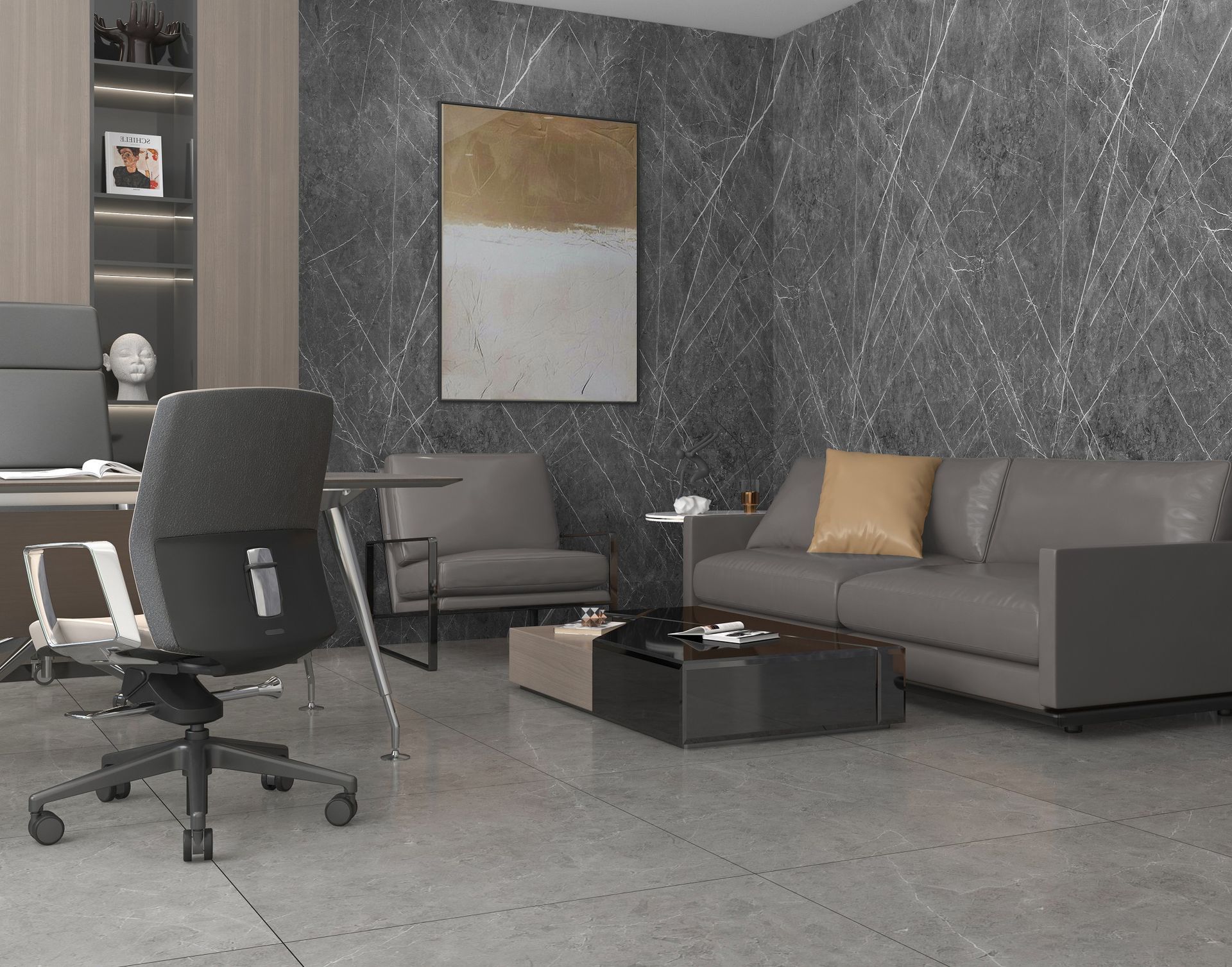 Sala de estar moderna con sofá gris, sillón negro, mesa de centro, pared texturizada y arte abstracto en la pared.