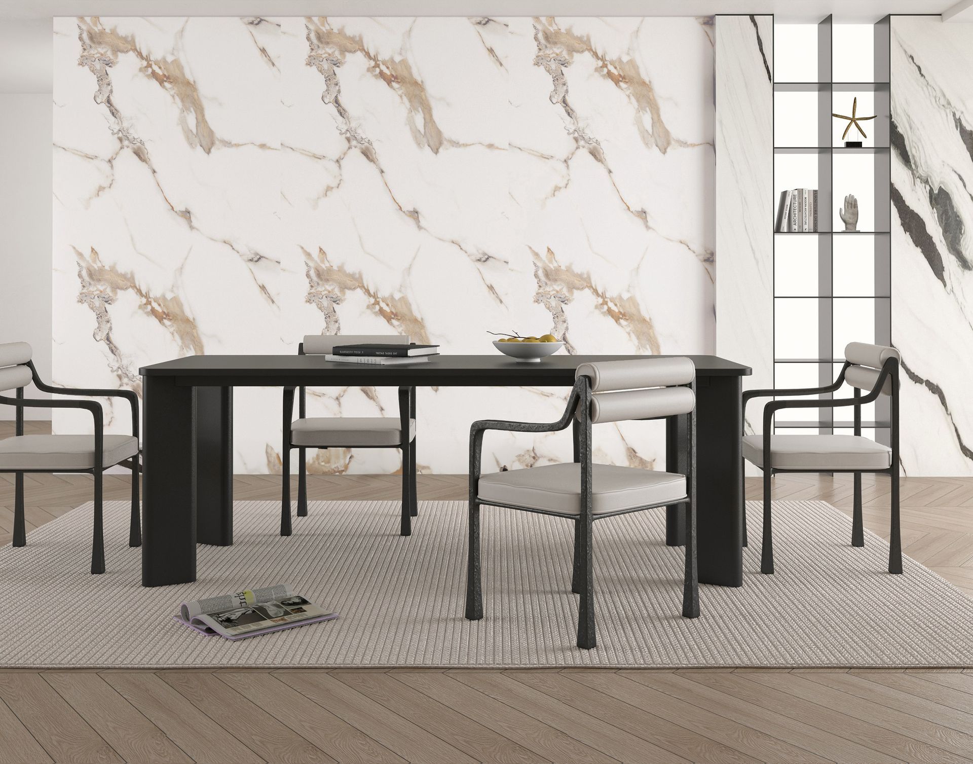 Superficie con diseño de mármol blanco, vetas grises suaves y detalles en color beige.