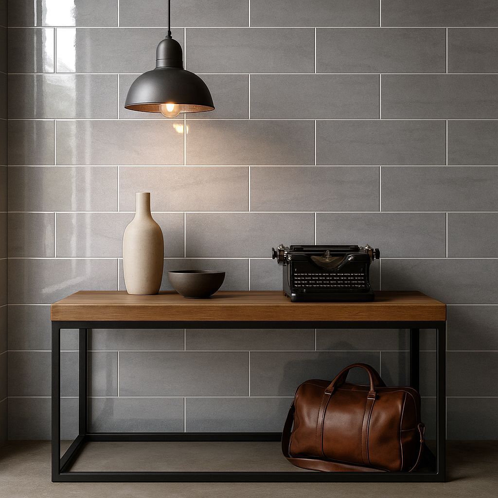 Sala de estar minimalista con sofá gris, mesa de centro de madera y lámpara colgante sobre una pared de azulejos oscuros.