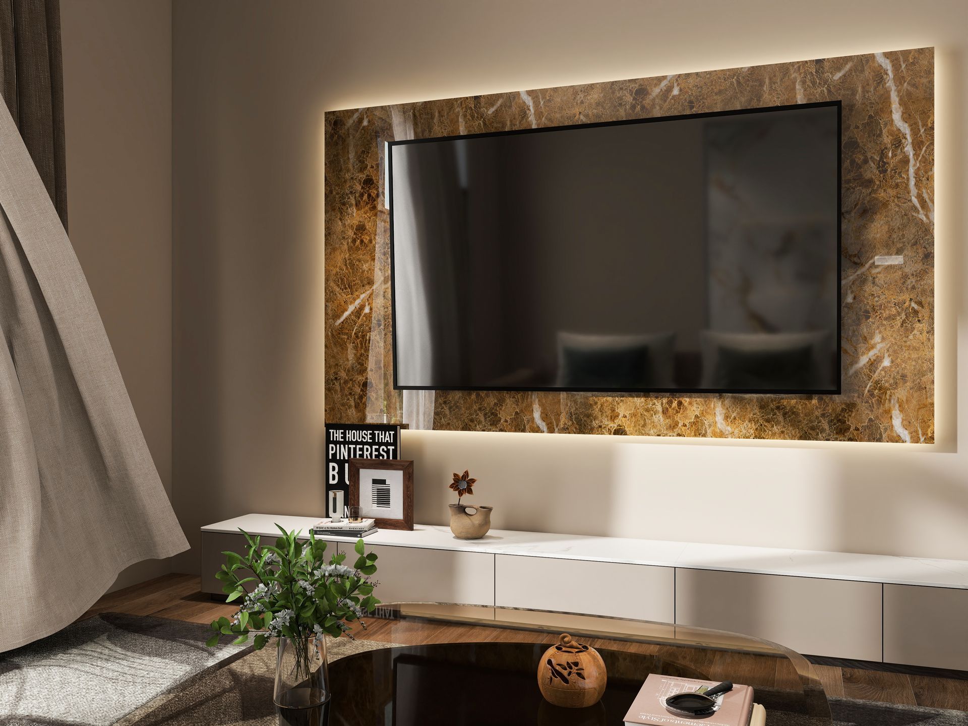 Sala de estar moderna con una mesa de centro blanca y de madera con tablero de mármol marrón sobre una alfombra gris.