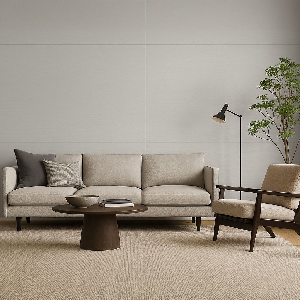 Sala de estar moderna y minimalista con sofá beige, sillón, lámpara de pie, mesa de centro y árbol en maceta.