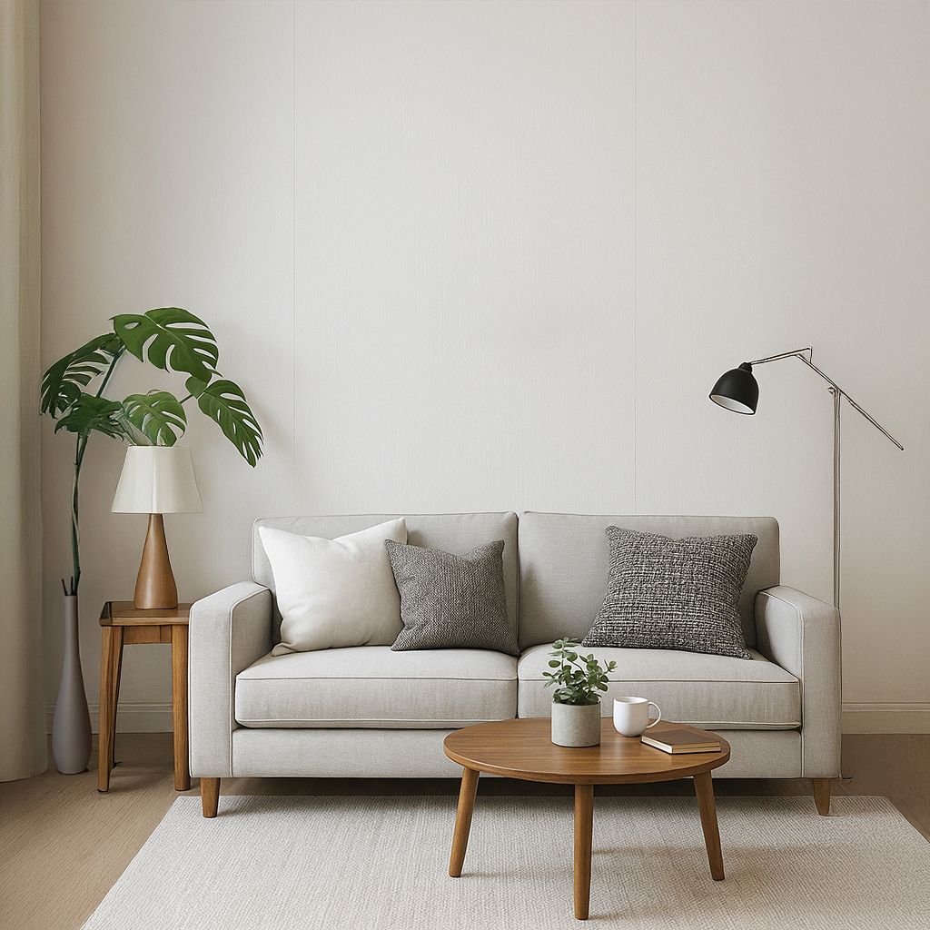 Sala de estar moderna y minimalista con sofá beige, sillón, lámpara de pie, mesa de centro y árbol en maceta.