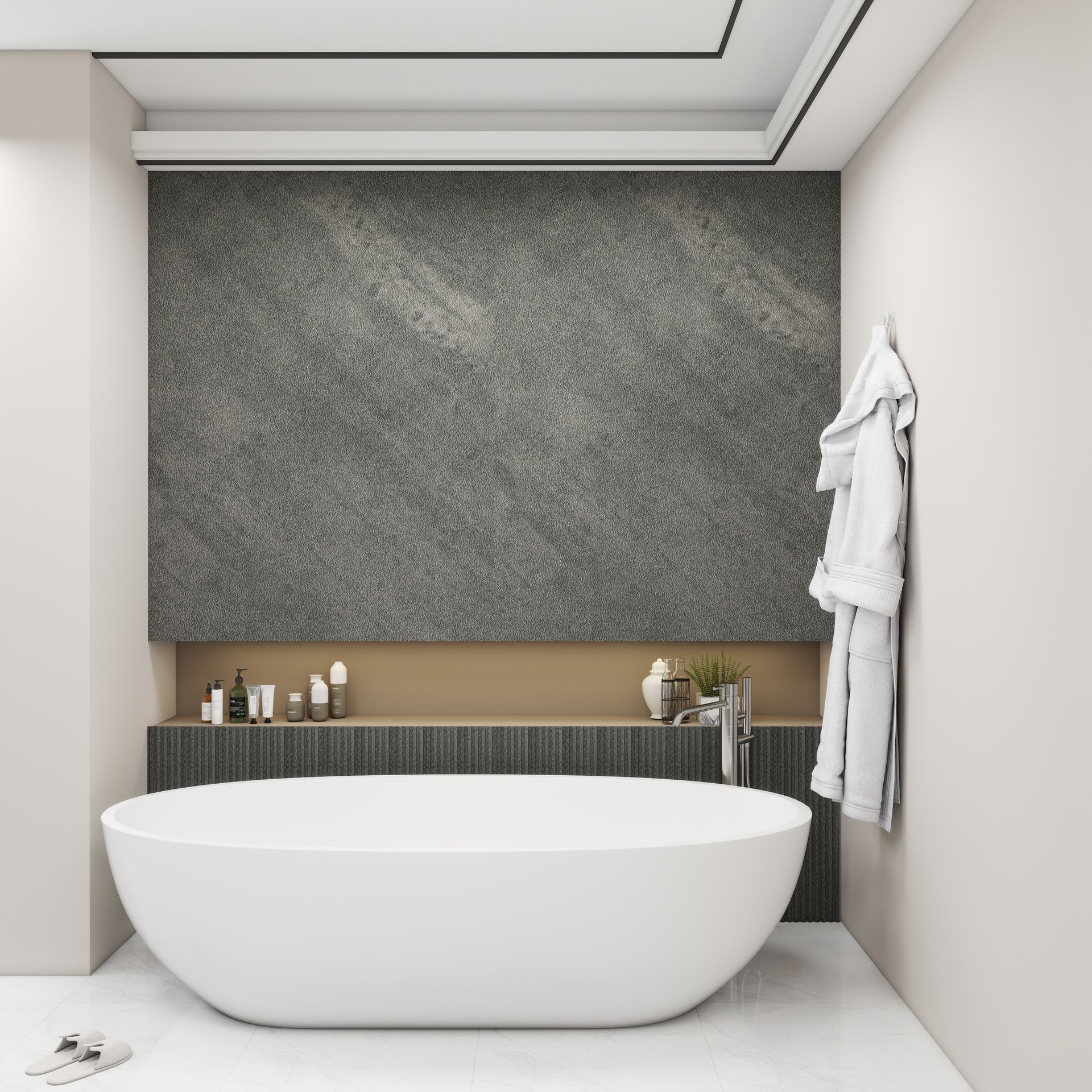 Baño moderno minimalista con bañera blanca independiente, pared gris texturizada y toallas blancas colgantes.