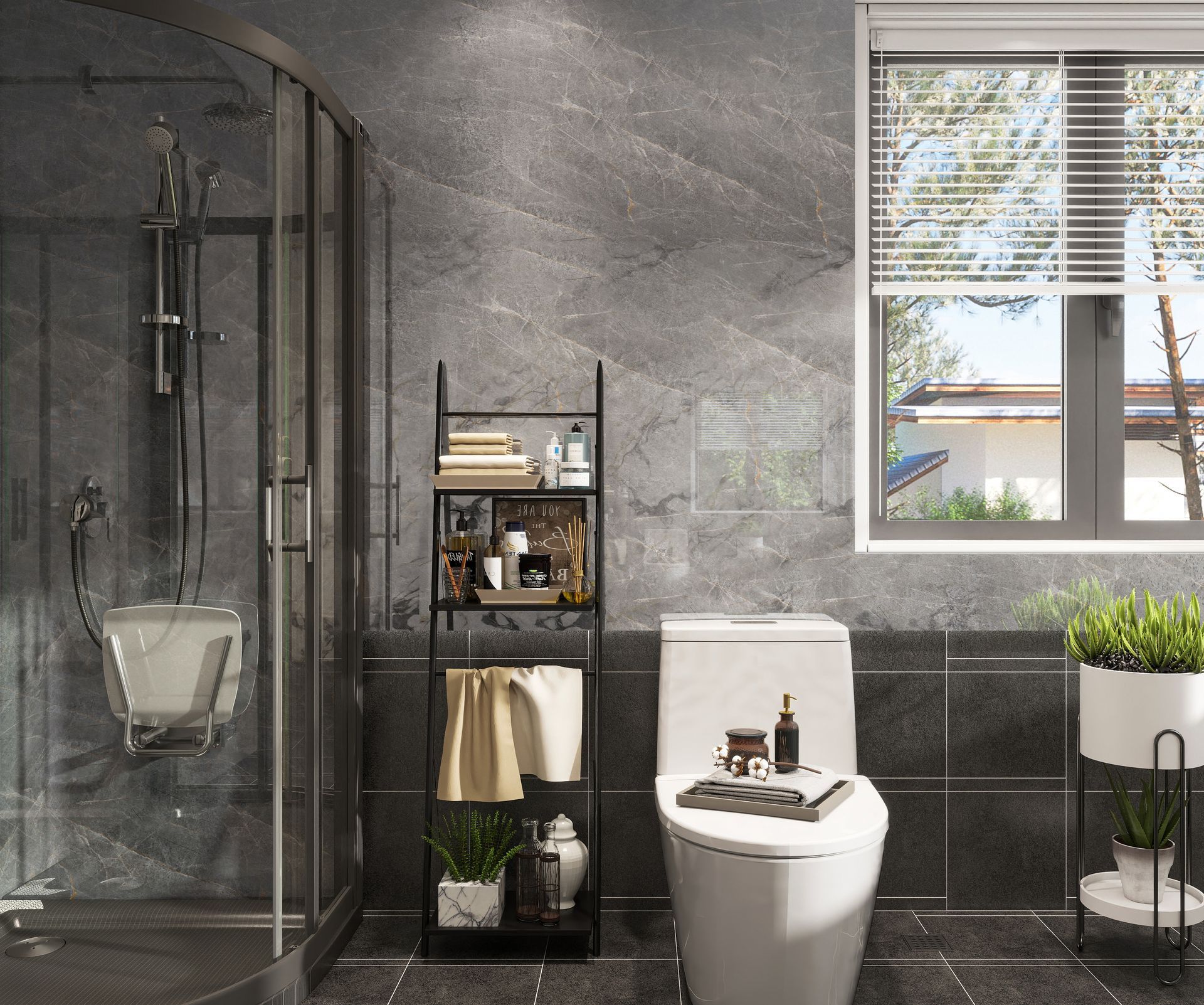 Baño moderno de color gris con ducha de cristal, inodoro blanco, estanterías negras y ventana con persianas.