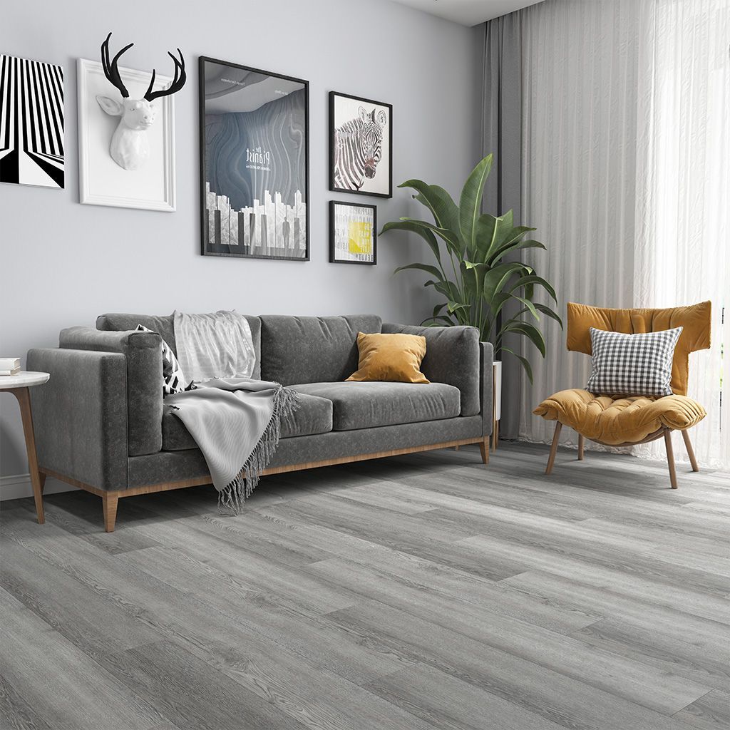 Sala de estar moderna en color gris con sofá, sillón, cuadros, plantas y cortinas claras.