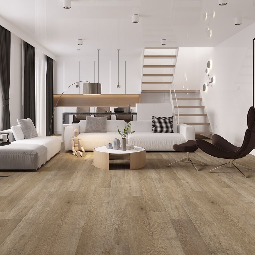 Salón moderno de planta abierta con decoración en blanco, suelos de madera, escaleras, sofás y una silla colgante.
