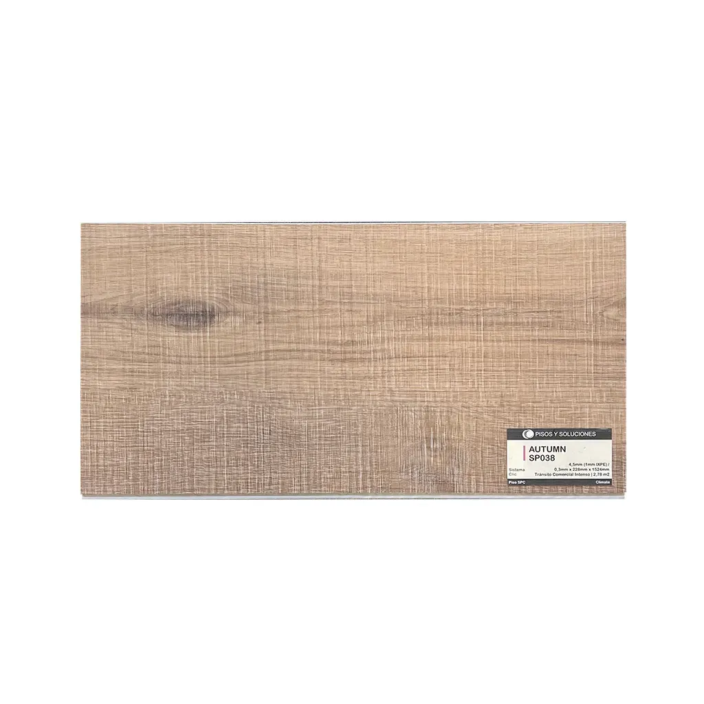 Primer plano de la veta de madera clara con un nudo oscuro y una sutil textura diagonal.
