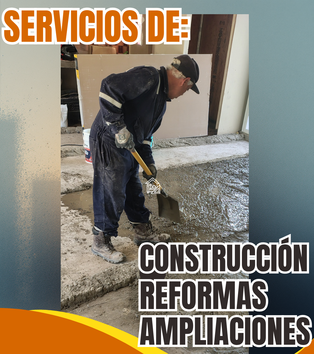 Worker pouring concrete at a construction site; text reads “SERVICIOS DE CONSTRUCCIÓN, REFORMAS, AMPLIACIONES”.