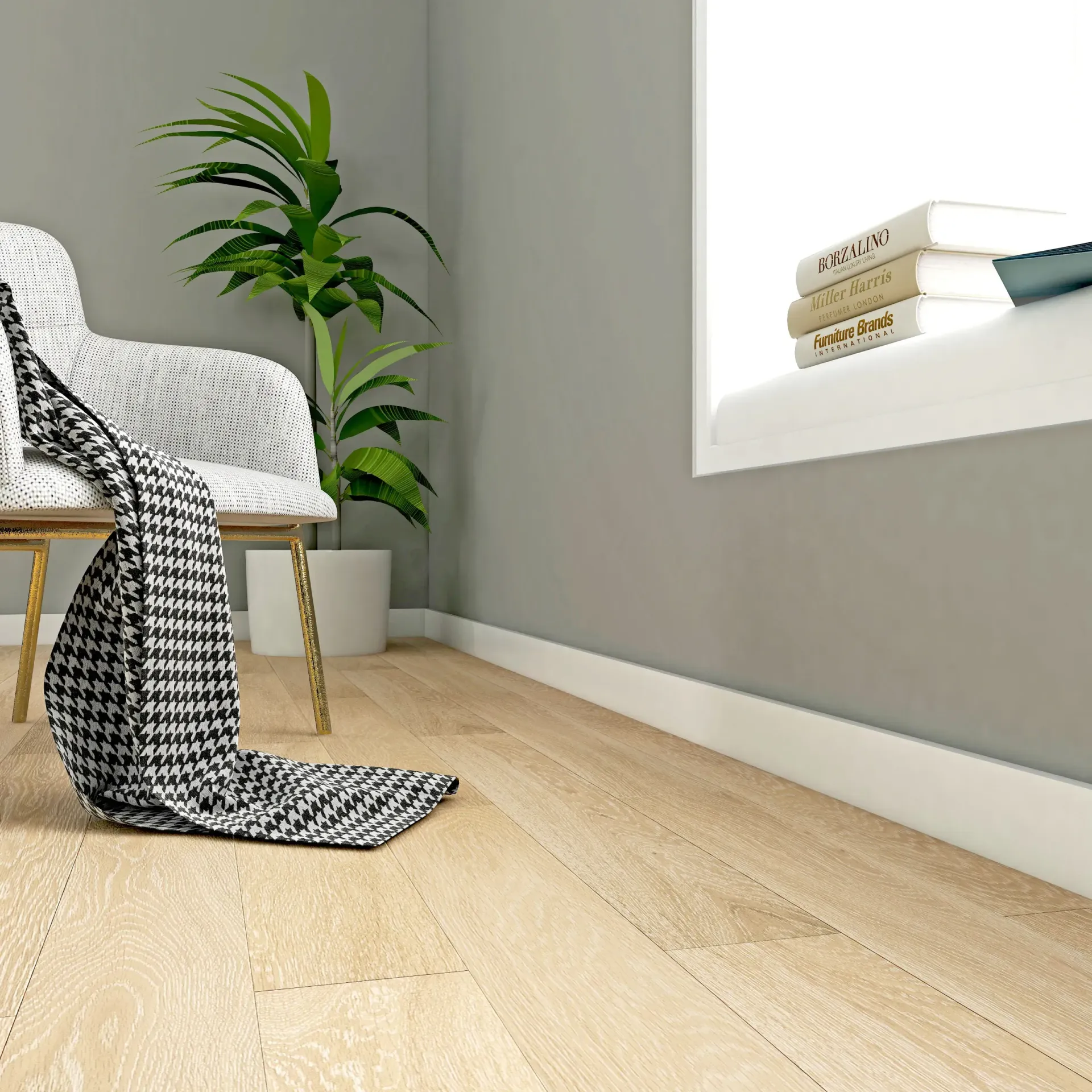 Habitación luminosa y minimalista con silla estampada, cortina de tela blanca y negra, planta en maceta