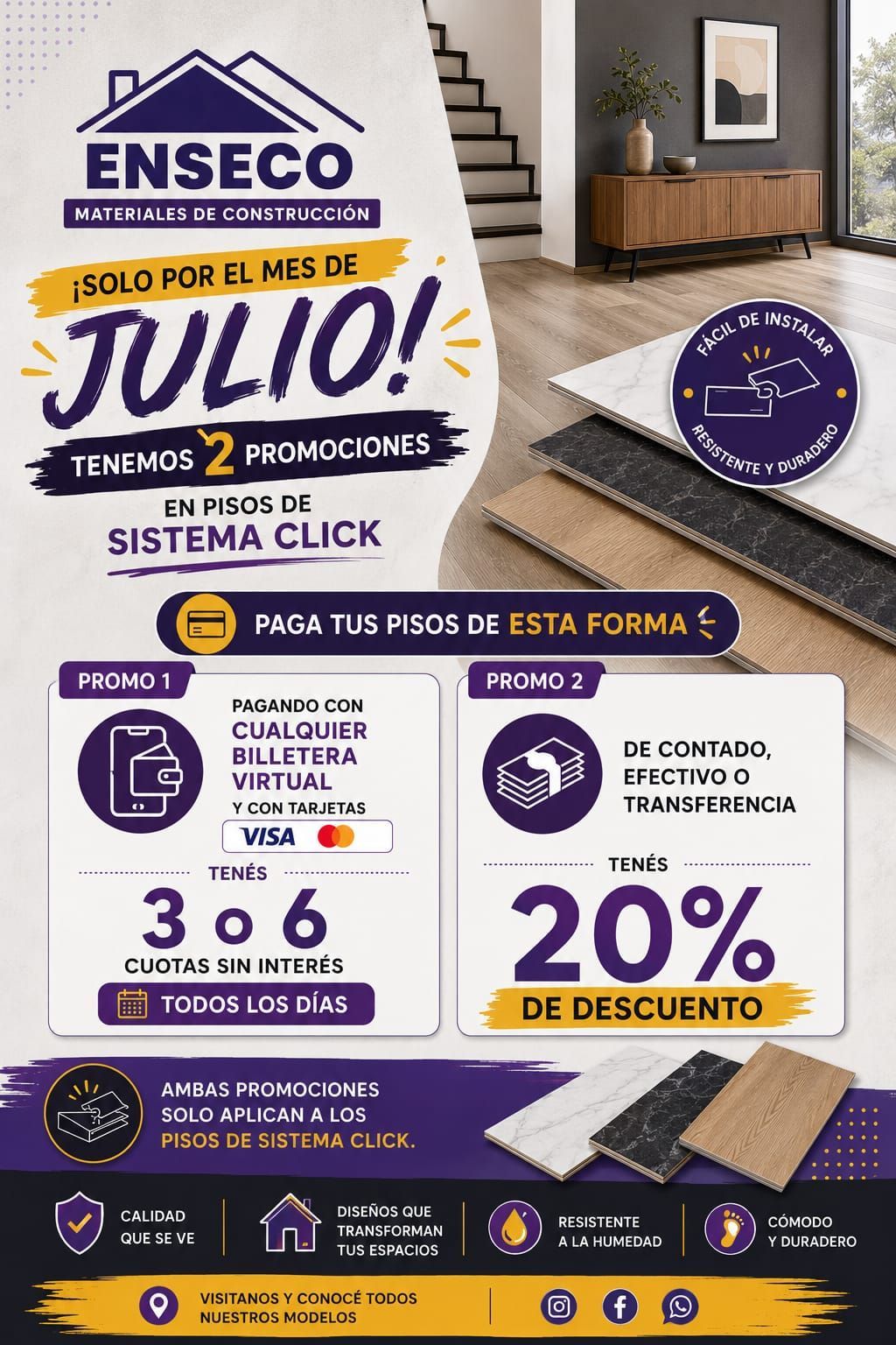 Promoción de Ensec con fondo morado y crema: julio, sistema click, 20% de descuento y 3 o 6 cuotas.
