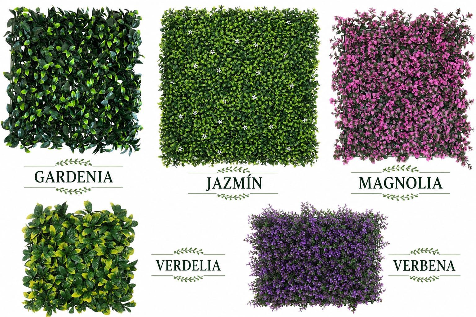 Cinco paneles cuadrados con las palabras gardenia, jazmín, magnolia, verdelia y verbena en verde, rosa y morado.