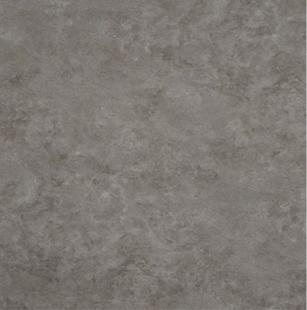 Sala de estar moderna en color gris con sofá seccional oscuro, mesa de centro redonda negra y estanterías minimalistas.