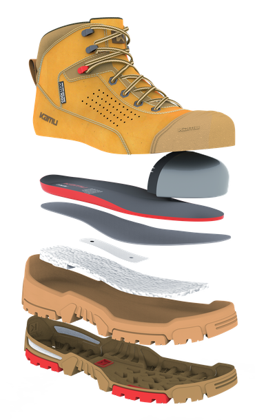 The layers of a hiking boot are stacked on top of each other.