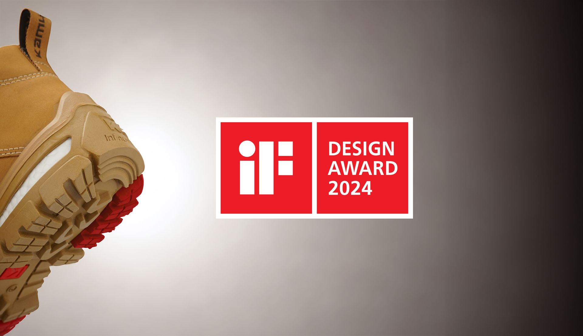 A close up of a pair of boots next to a design award logo.