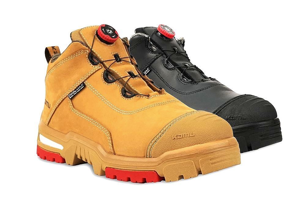 A pair of safety boots are sitting next to each other on a white background.