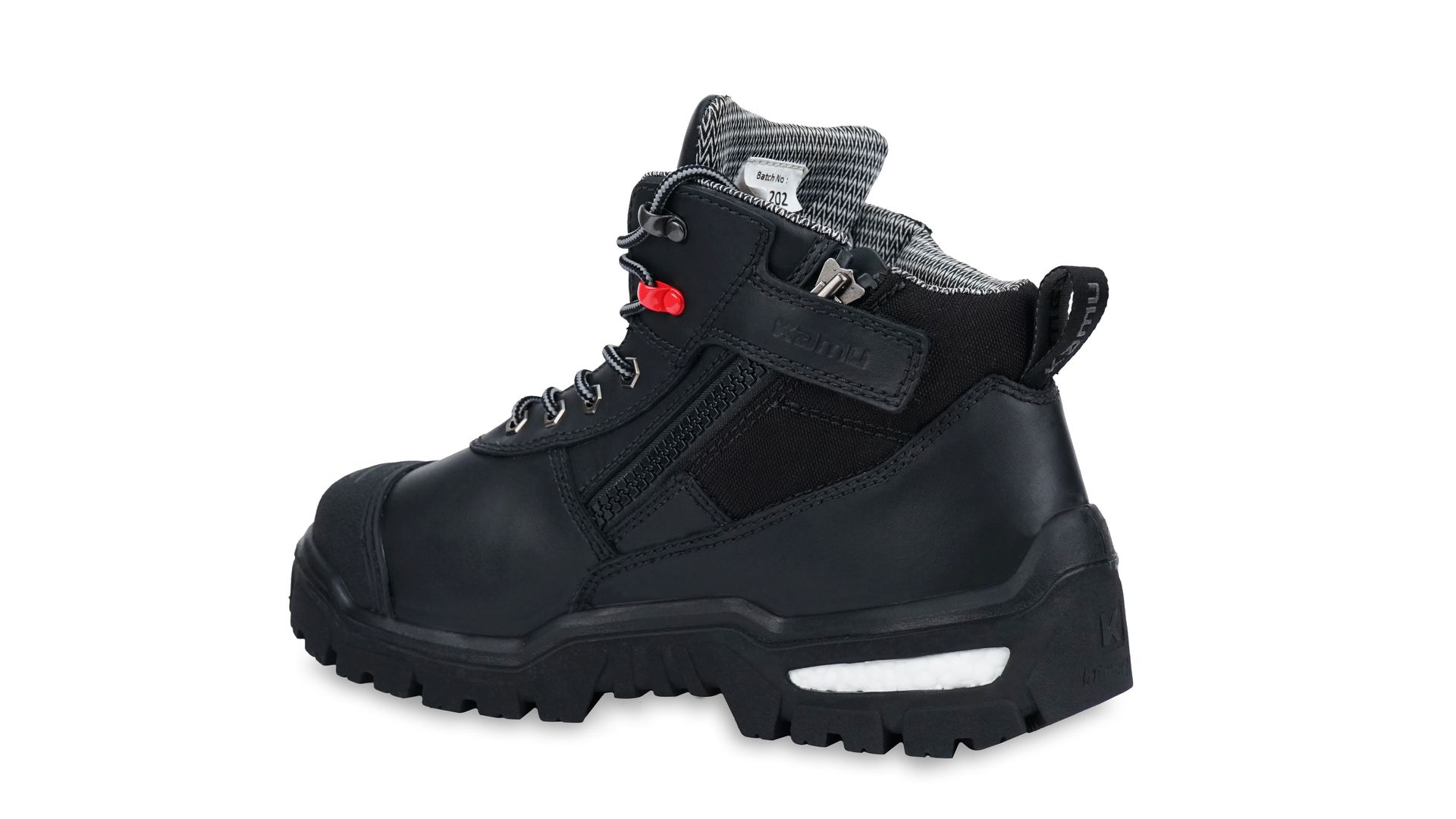 A pair of black safety boots with a zipper on the side on a white background.