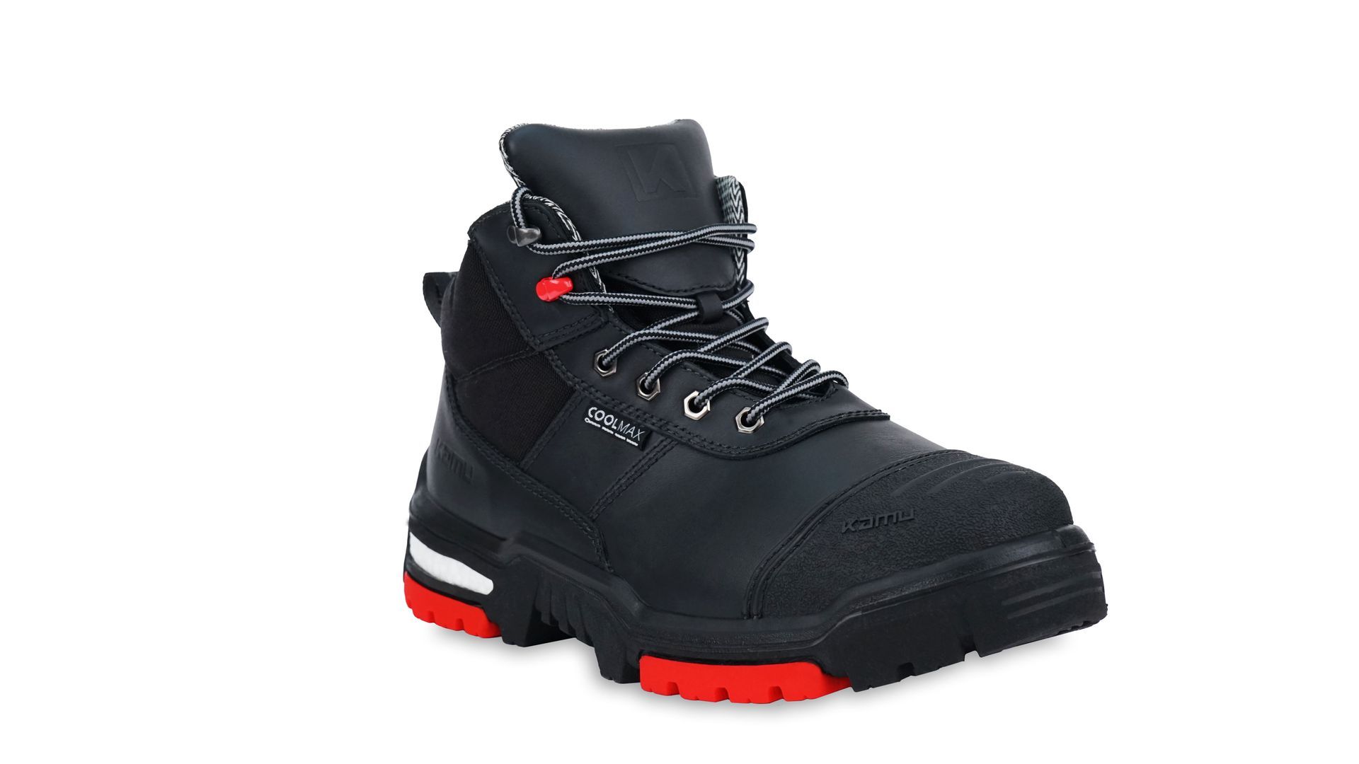 A pair of black and red safety boots on a white background.