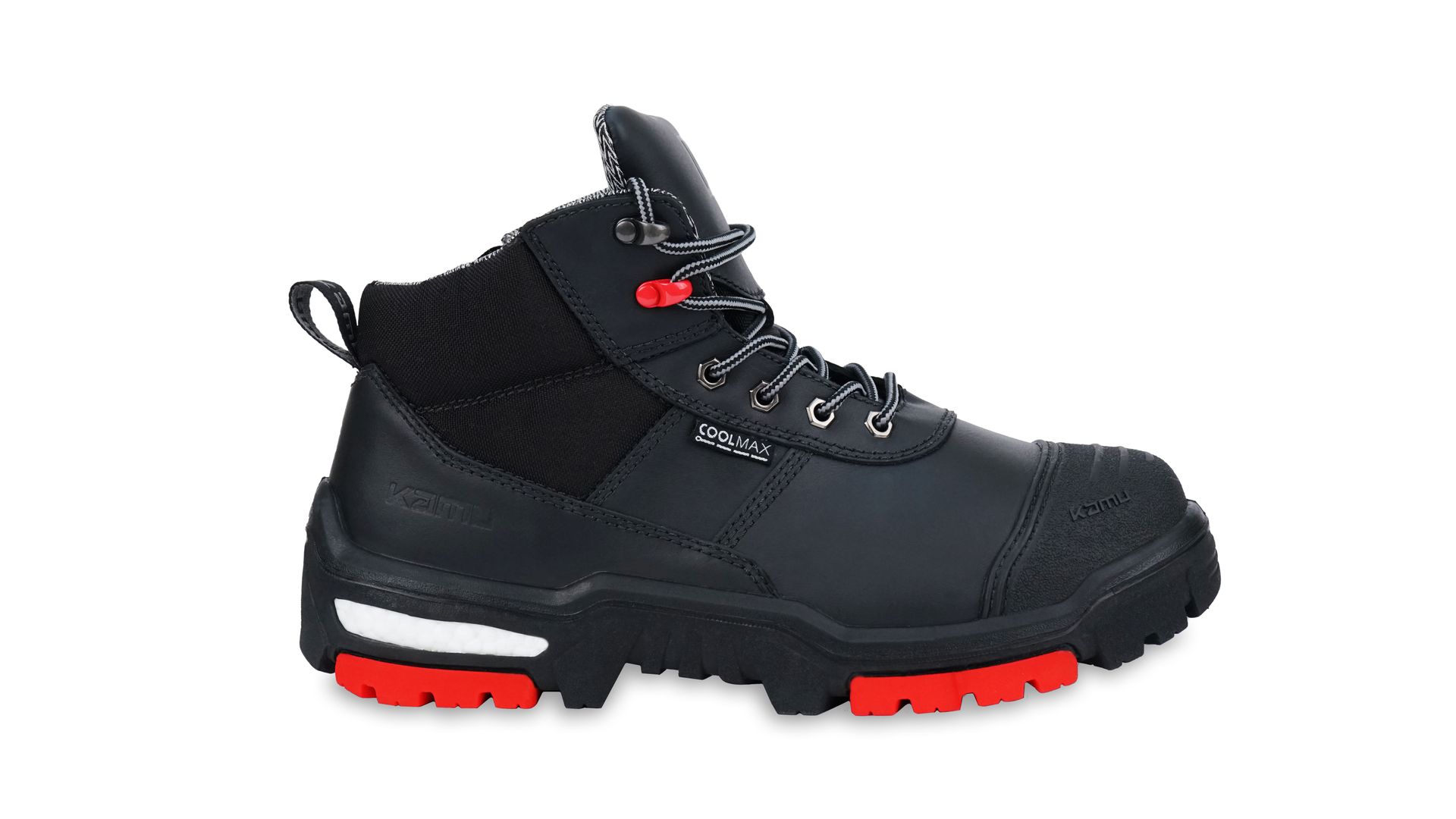 A pair of black and red safety boots on a white background.