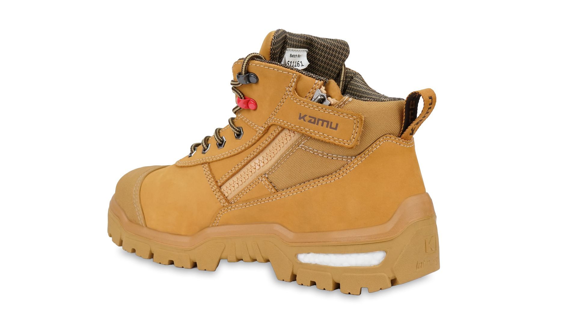 A pair of brown safety boots on a white background.