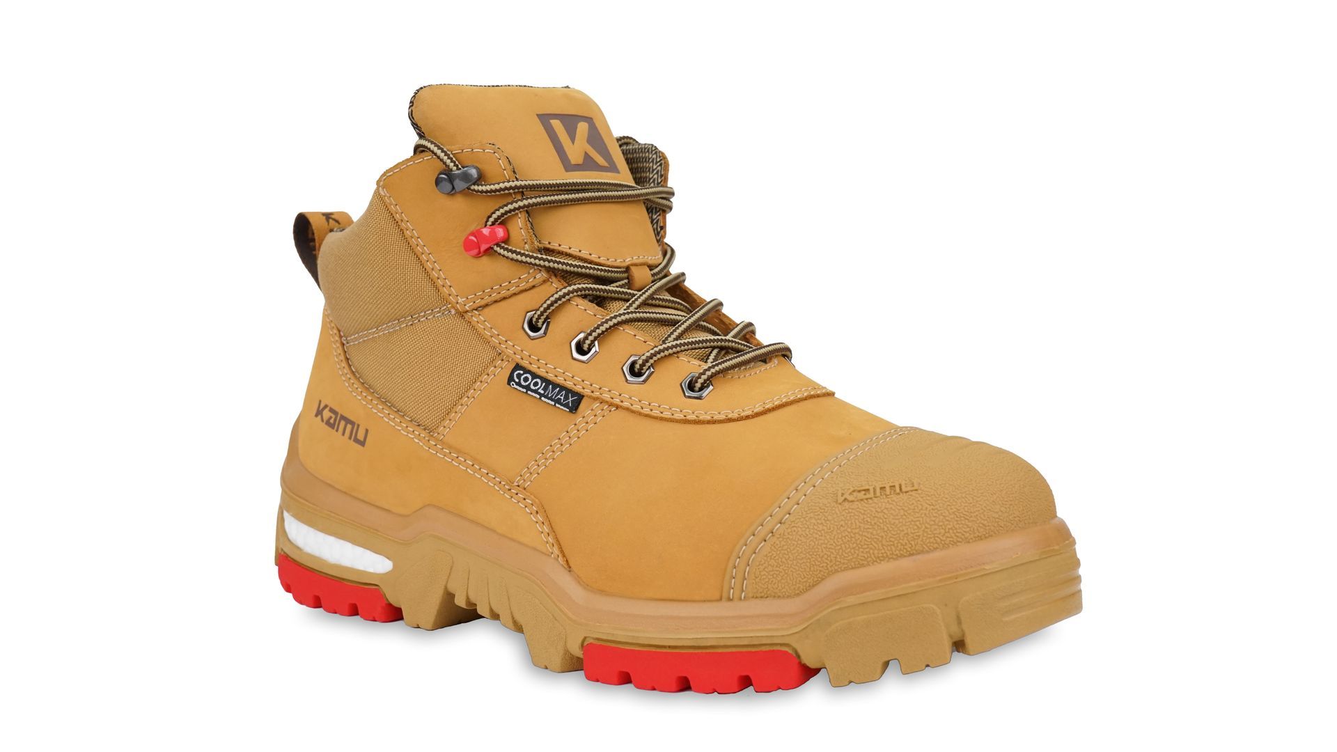 A pair of brown safety boots with red soles on a white background.