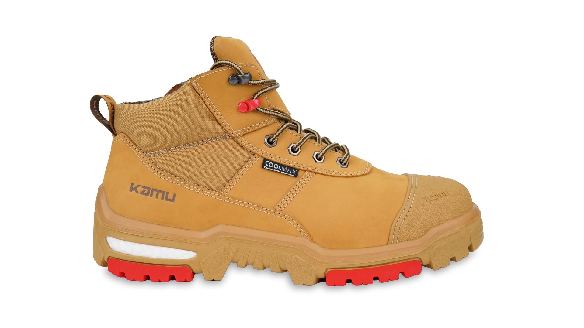 A pair of brown safety boots with red soles on a white background.