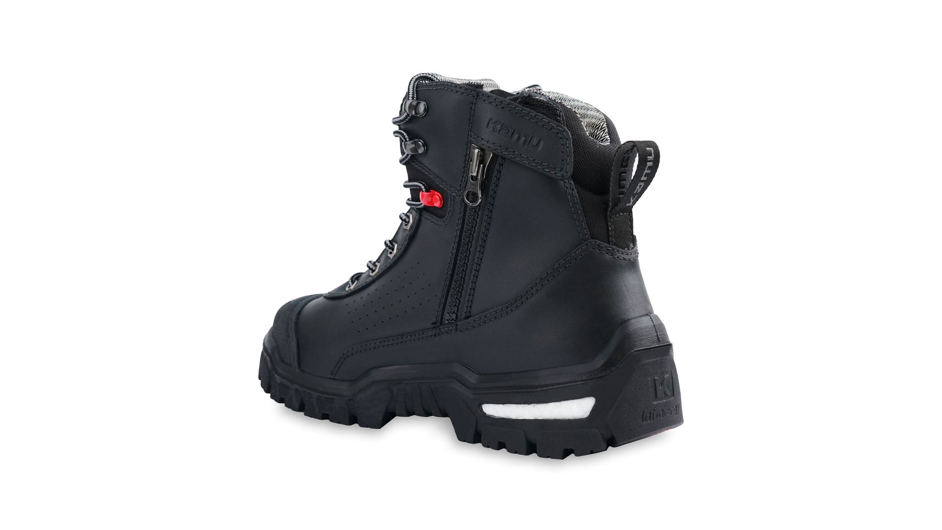 A pair of black boots with a zipper on the side on a white background.
