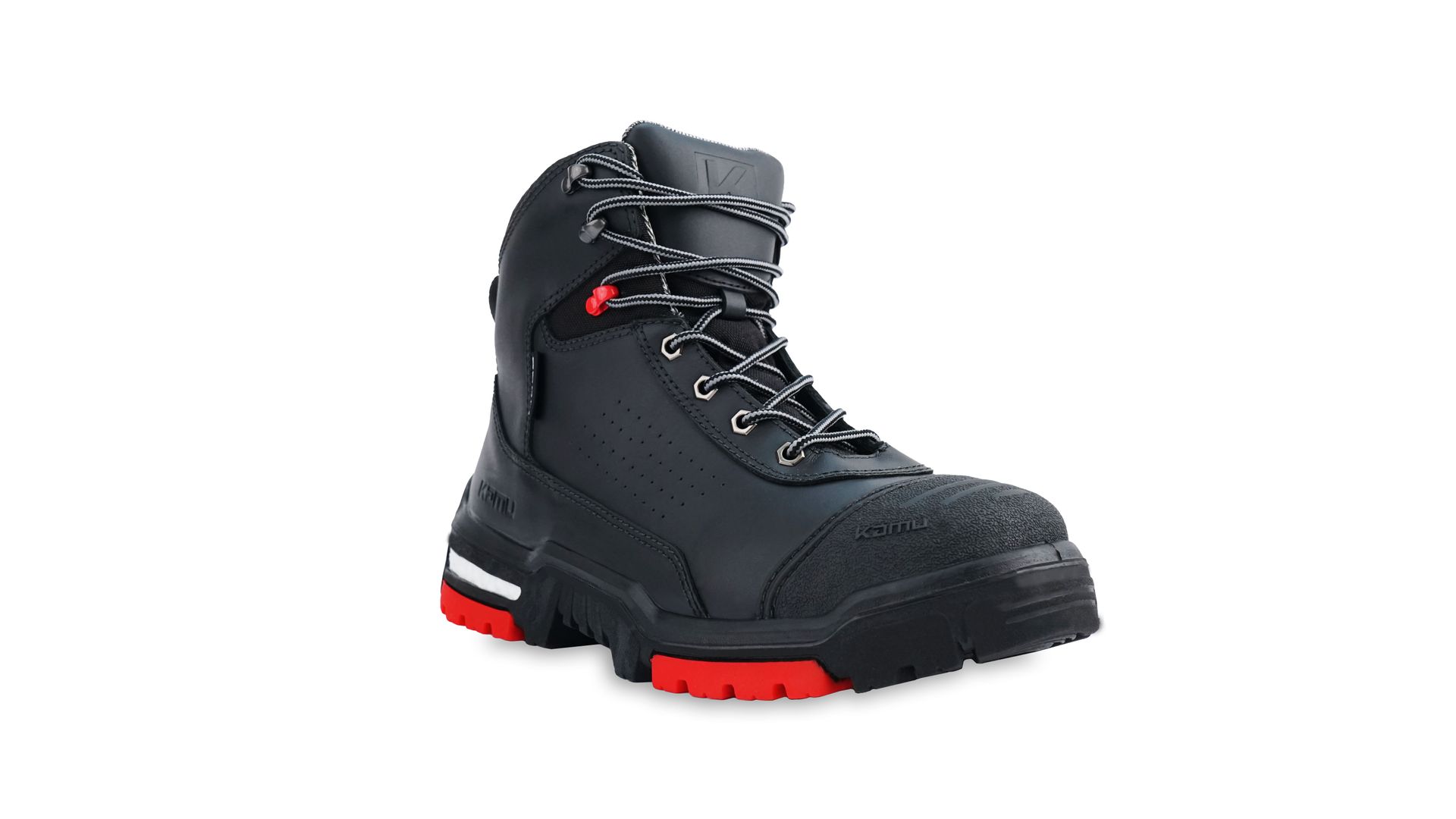 A pair of black and red safety boots on a white background.