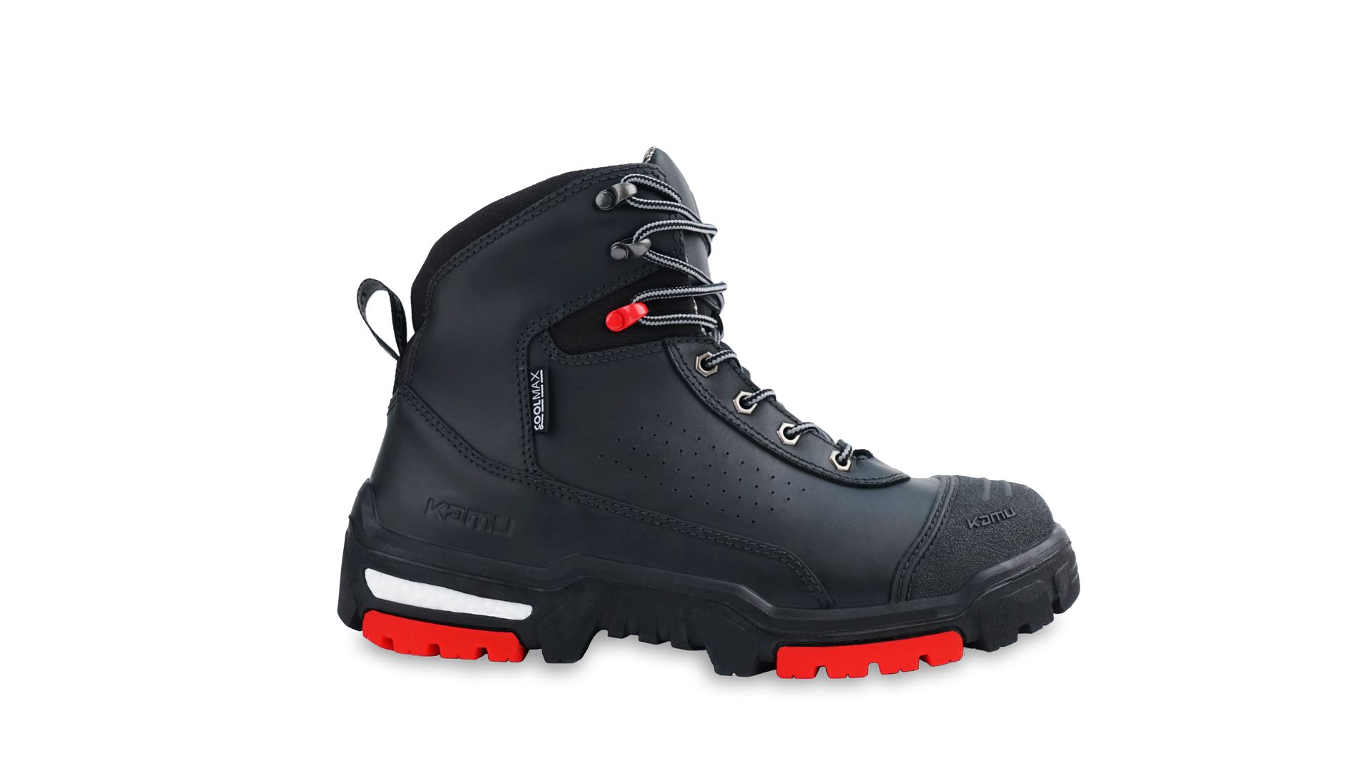 A pair of black and red safety boots on a white background.
