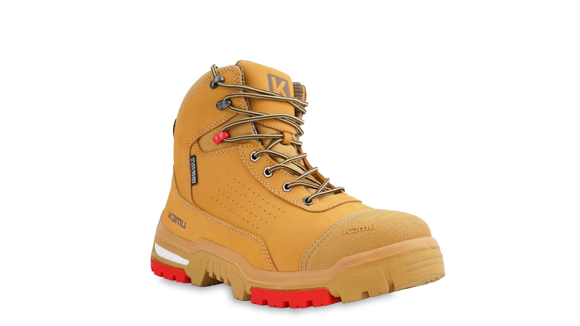 A pair of brown safety boots with red soles on a white background.
