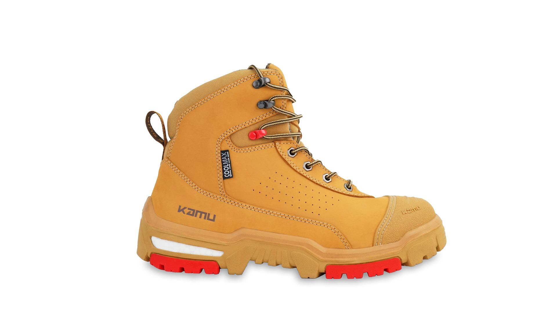 A pair of brown safety boots with red soles on a white background.
