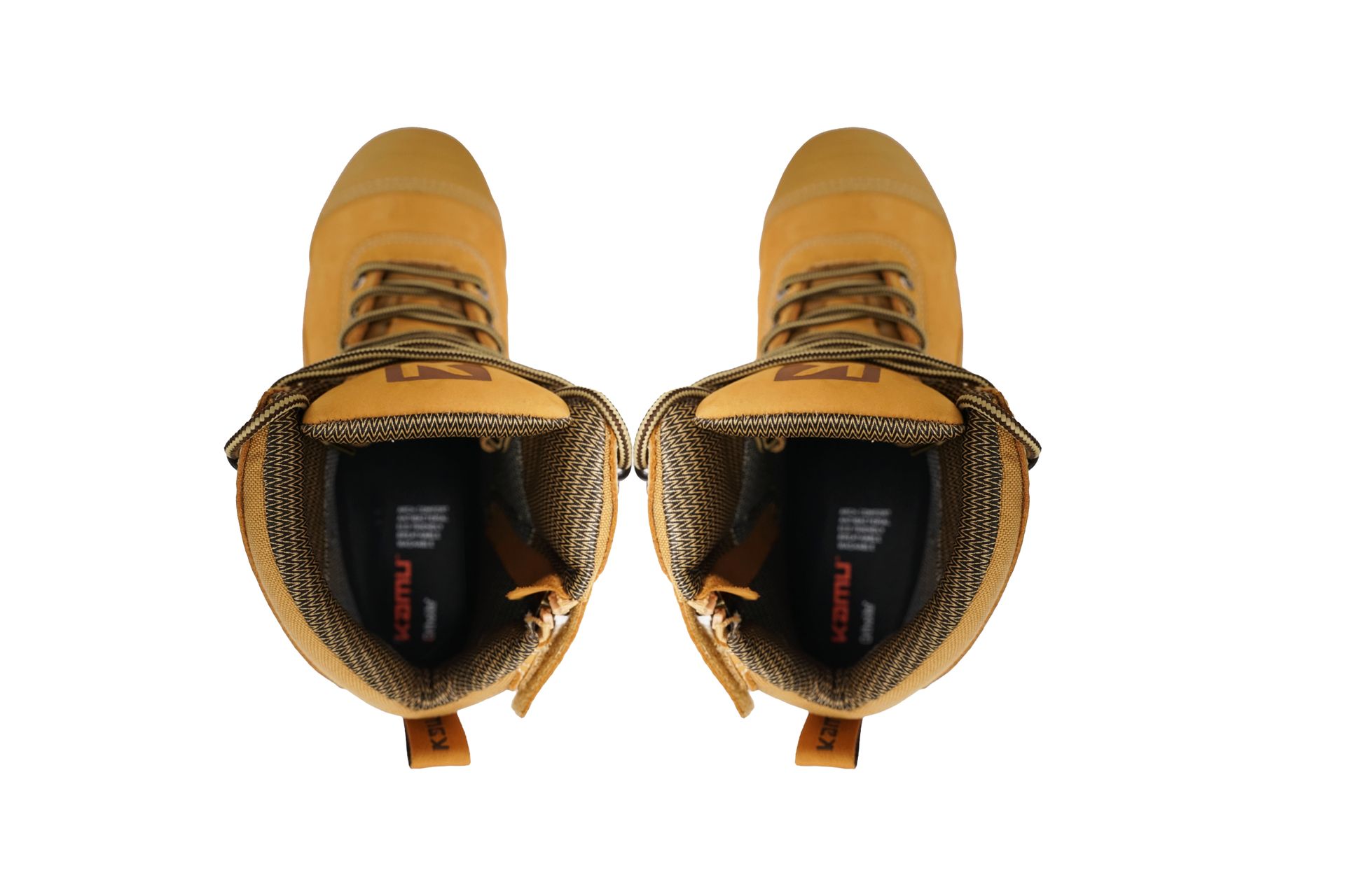 A pair of brown boots with a black rubber sole on a white background.