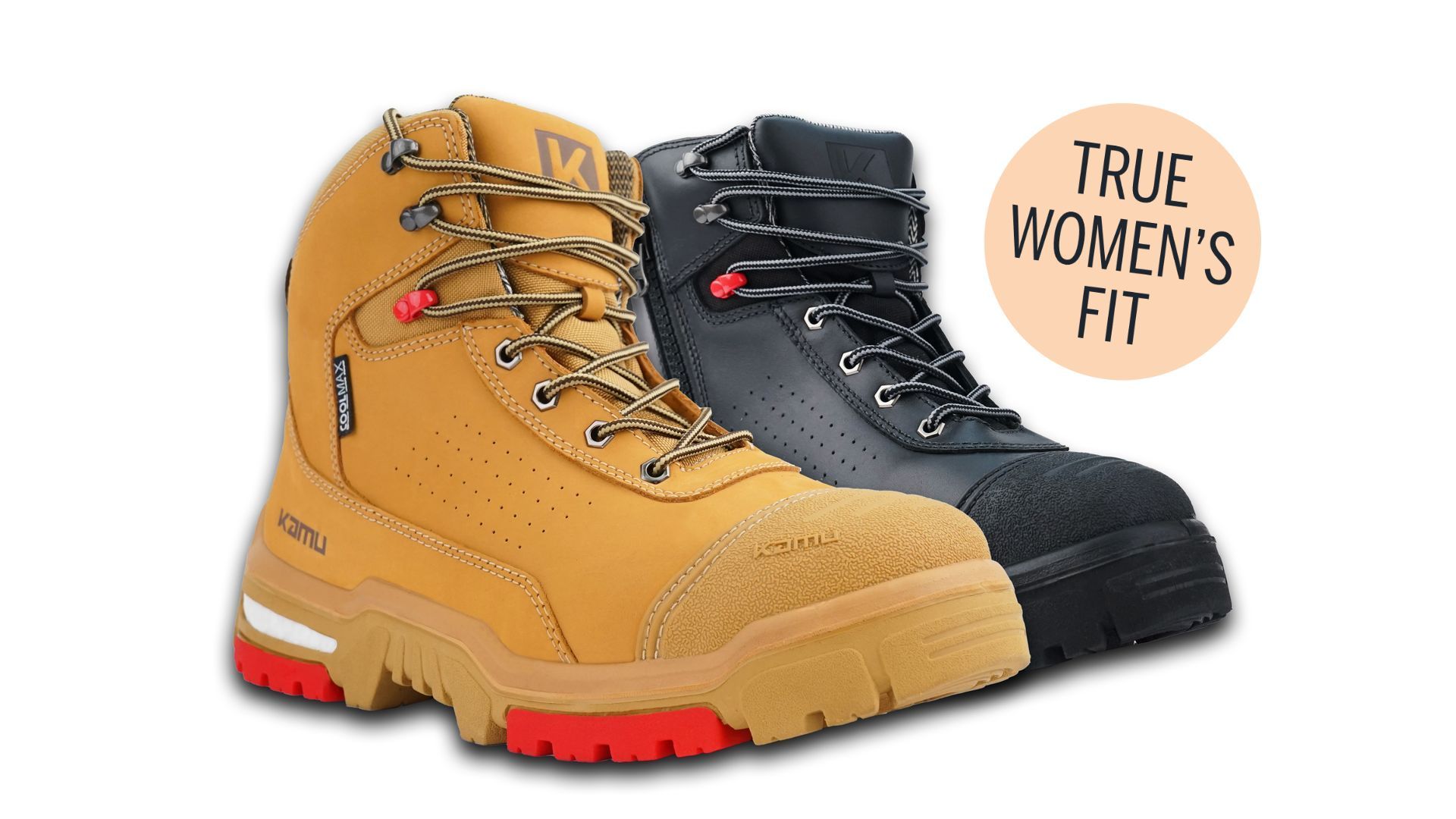 A pair of women 's work boots that are true women 's fit