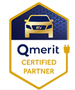 Qmerit Certified Partner badge with car icon and charging plug. Gold and blue colors.