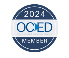 A blue and white circle that says 2024 oced member