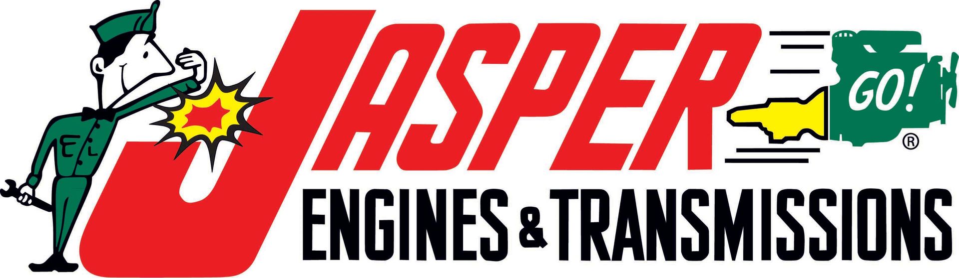 A logo for jasper engines and transmissions with a man in a green uniform