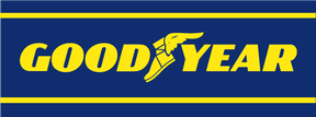 A blue and yellow good year logo on a white background